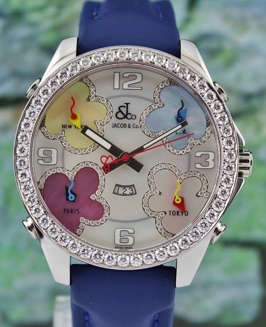 (image for) Jacob & Co 46mm Swiss Made Quartz Unisex Five Time Zone Diamond Watch